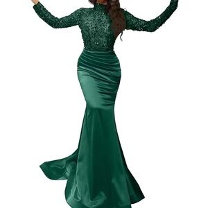 Dark green Sparkly Sequin Prom Dresses with Sleeves